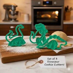 Set of 3 Dinosaur Cookie Cutters - Plastic Bread Molds for Bento Lunches